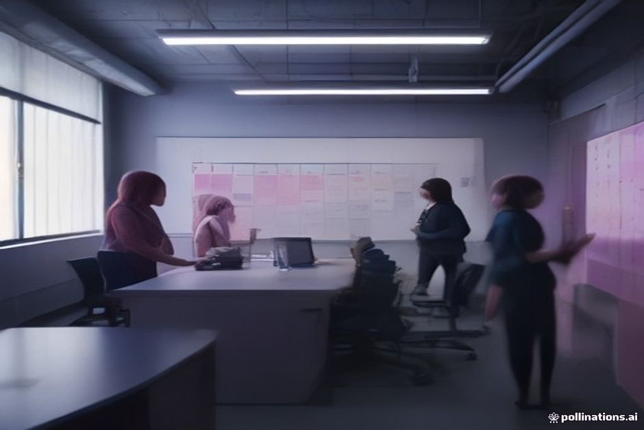 Equipe diversa colaborando com notebooks e quadro kanban em um escritório moderno
