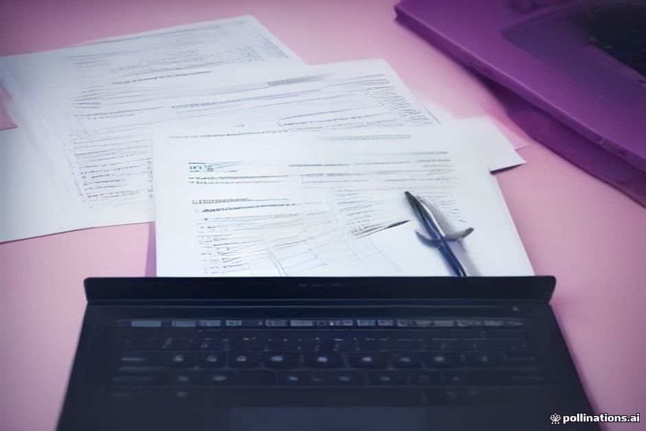 Mesa de financeiro organizada com notebook mostrando gráficos e documentos